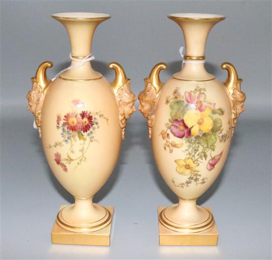 Pair of Royal Worcester ivory ground and gilt pedestal vases with satyr mask handles, decorated flower sprays